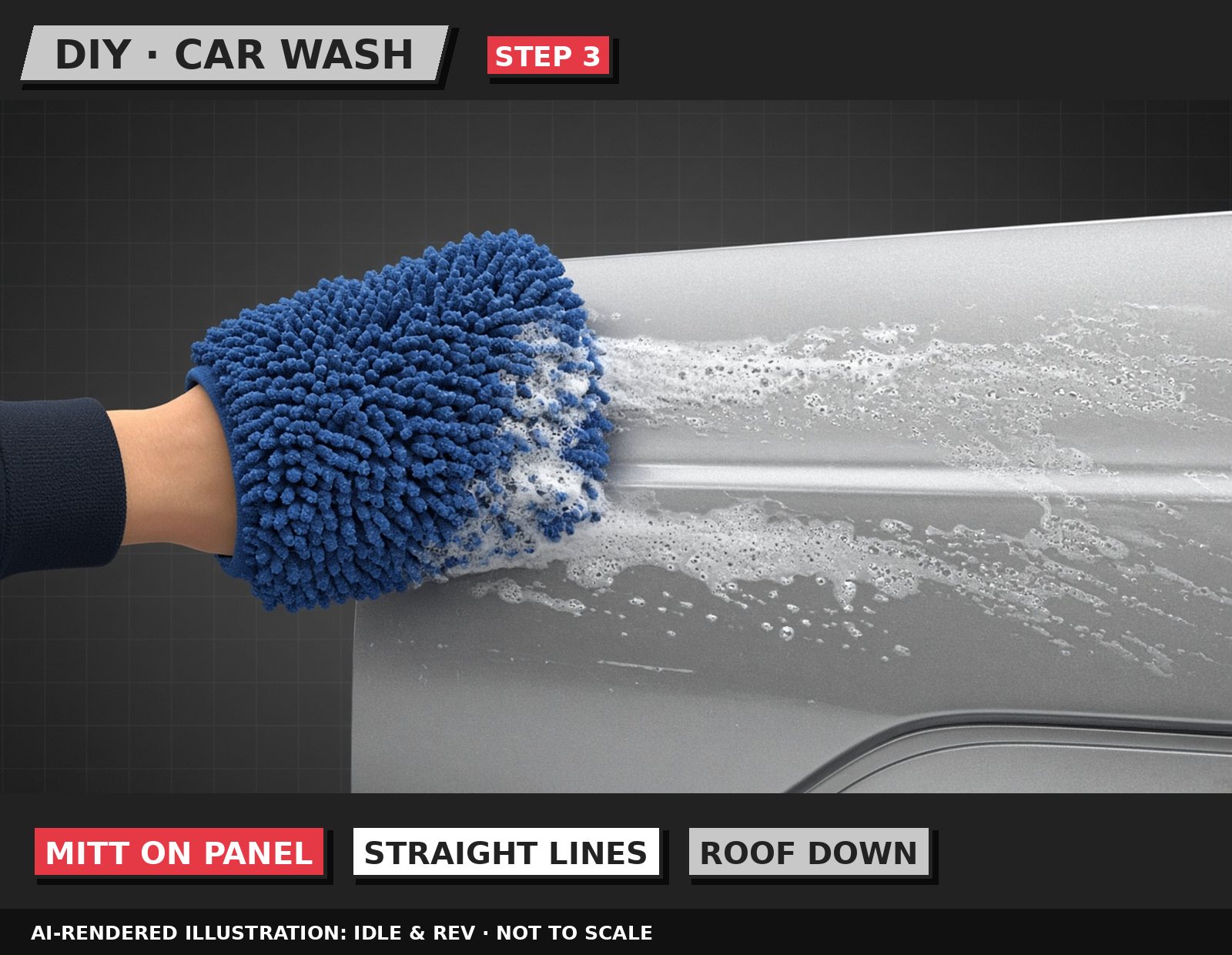 Idle & Rev illustration: Load the mitt and wash one panel, top down