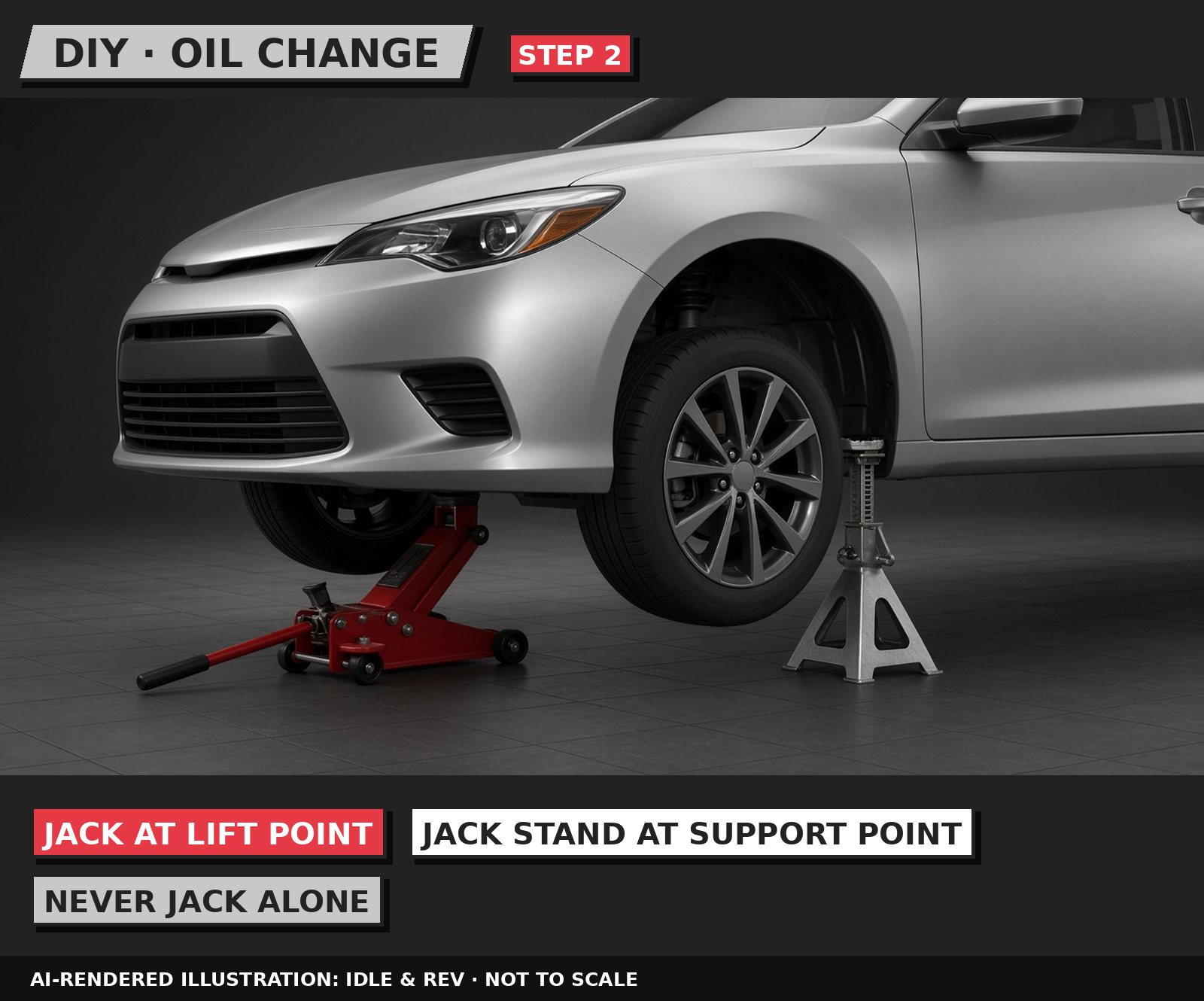 Idle & Rev illustration: Lift the car and support it on jack stands