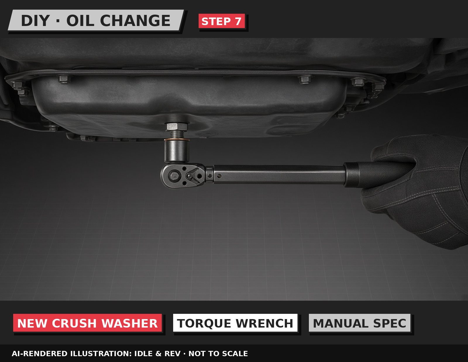 Idle & Rev illustration: Refit the drain plug to the correct torque