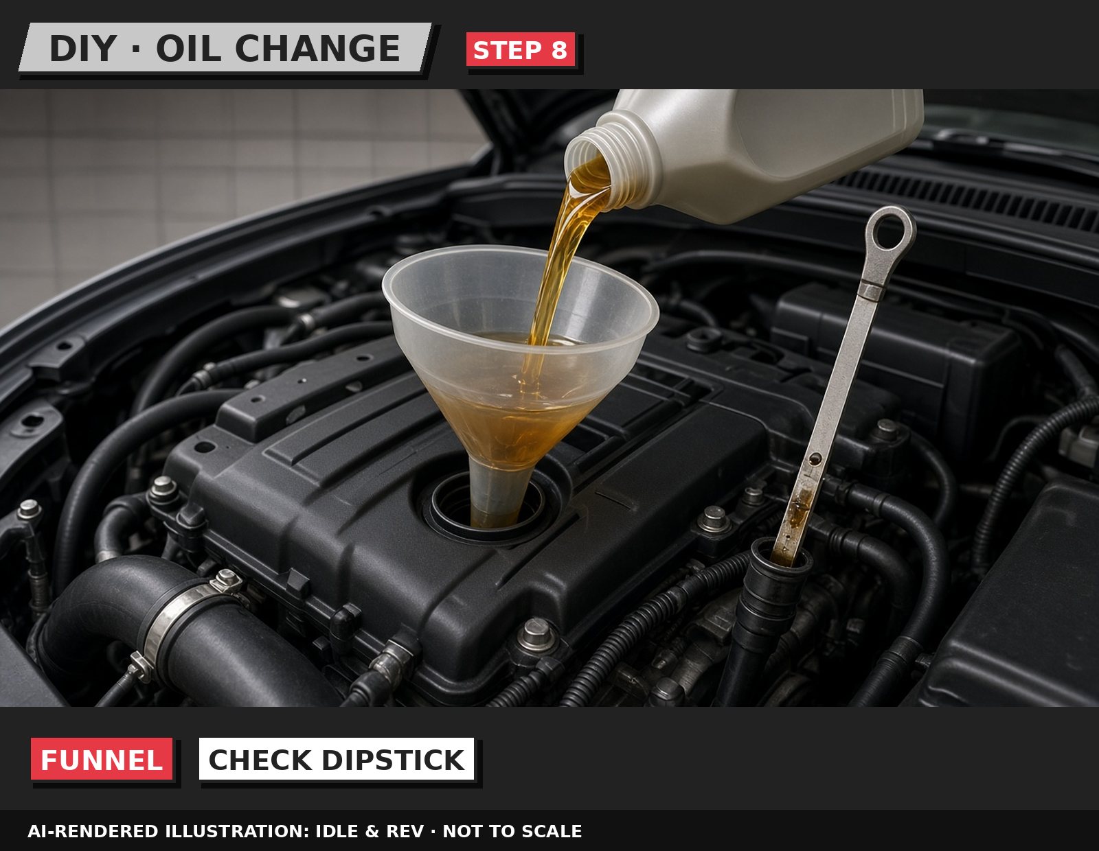 Idle & Rev illustration: Refill and check the level