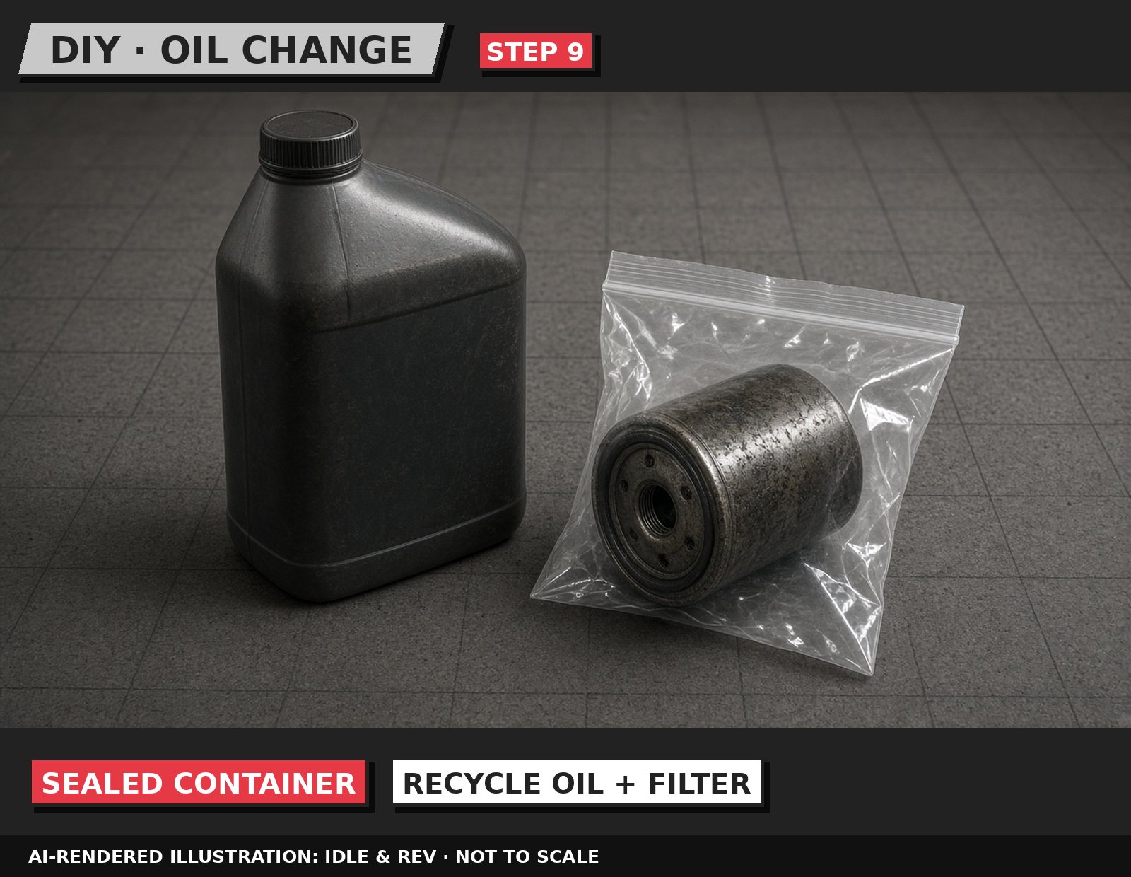 Idle & Rev illustration: Store and recycle the old oil and filter