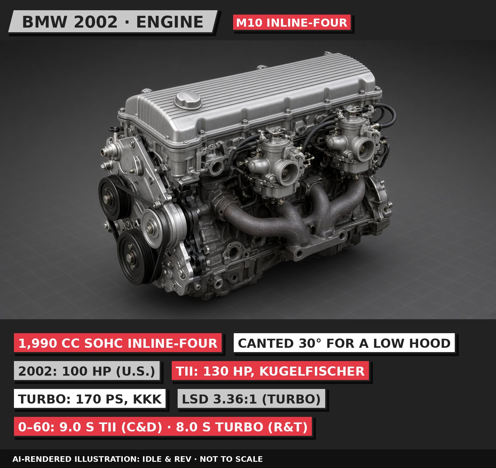 AI-rendered 3D illustration, 80s neo-pop style: BMW 2002 engine, labelled