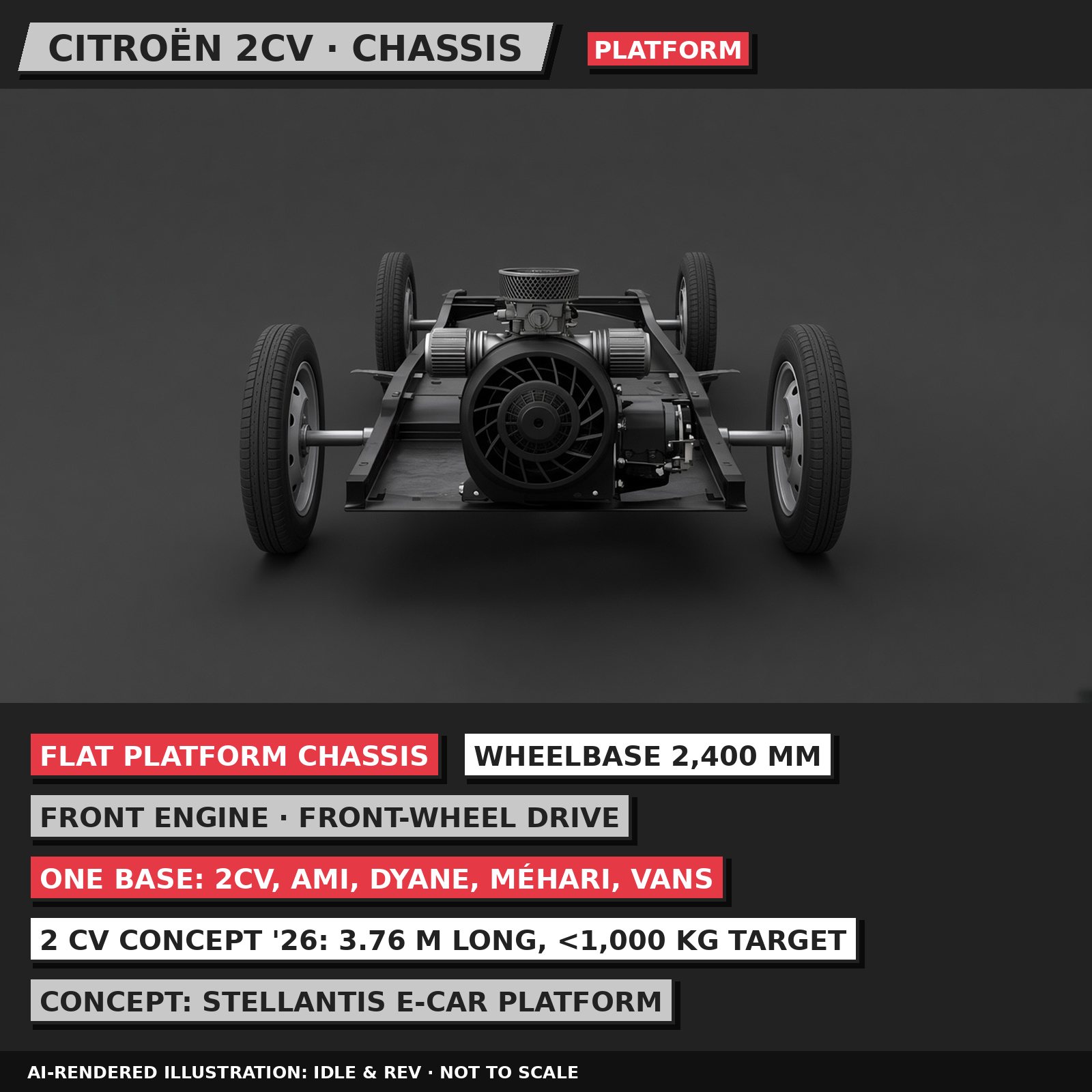 AI-rendered 3D illustration, 80s neo-pop style: Citroën 2CV chassis, labelled