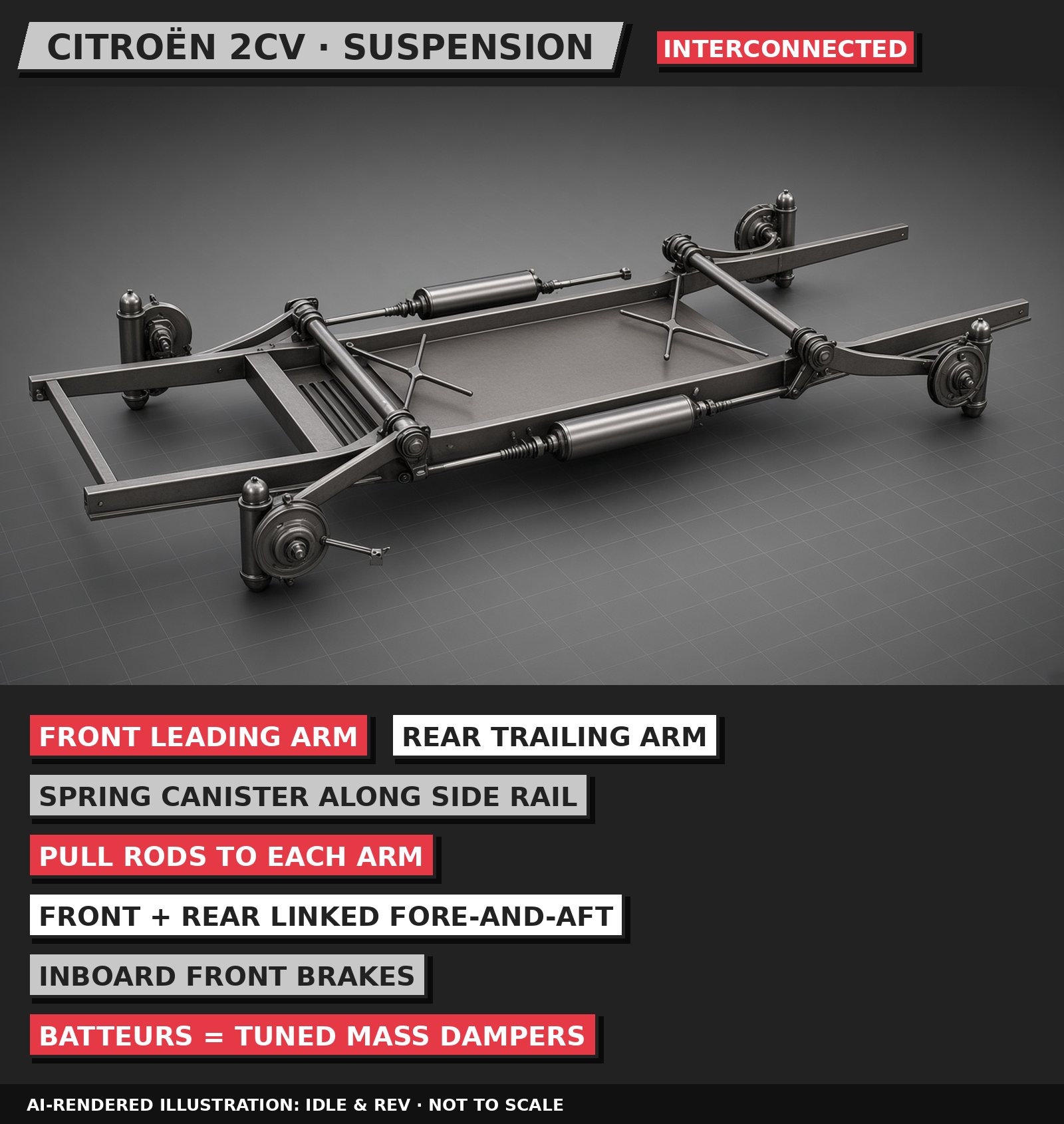 AI-rendered 3D illustration, 80s neo-pop style: Citroën 2CV suspension, labelled