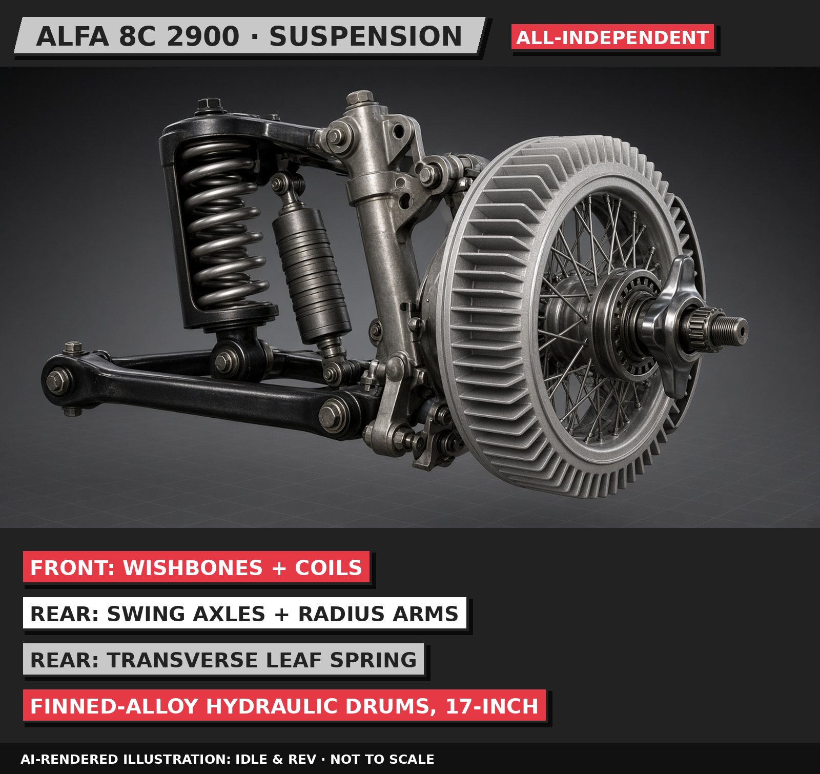 AI-rendered 3D illustration, 80s neo-pop style: Alfa Romeo 8C 2900 suspension, labelled