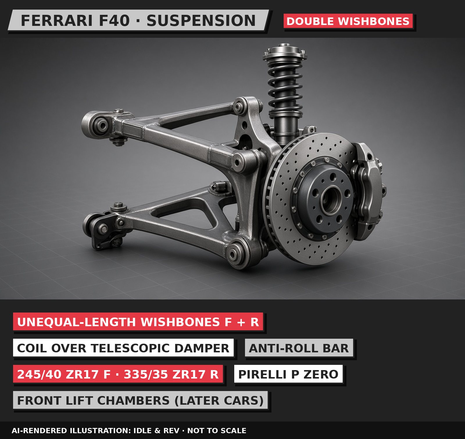 AI-rendered 3D illustration, 80s neo-pop style: Ferrari F40 suspension, labelled