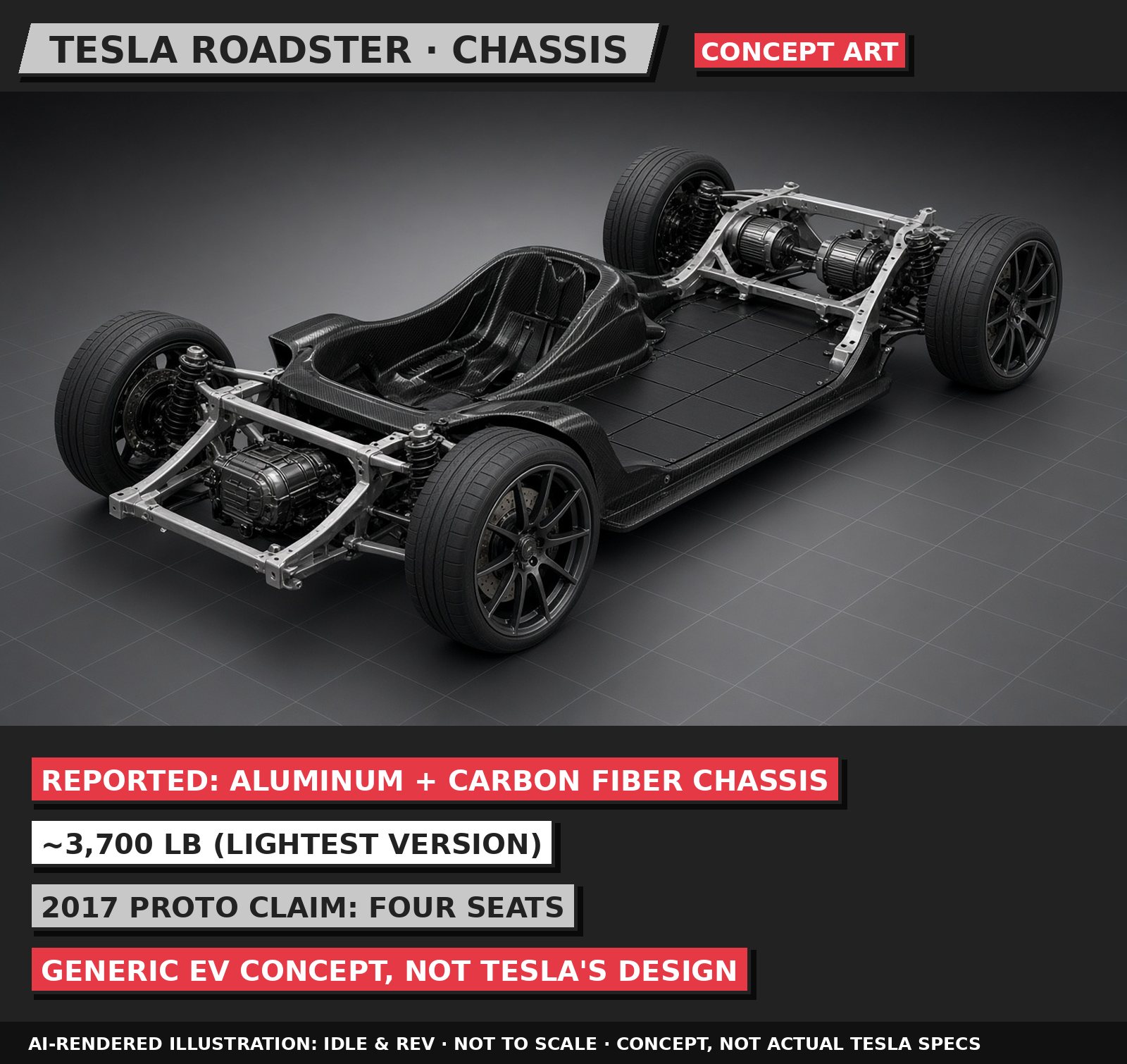 AI-rendered 3D illustration of Tesla Roadster chassis concept, labelled