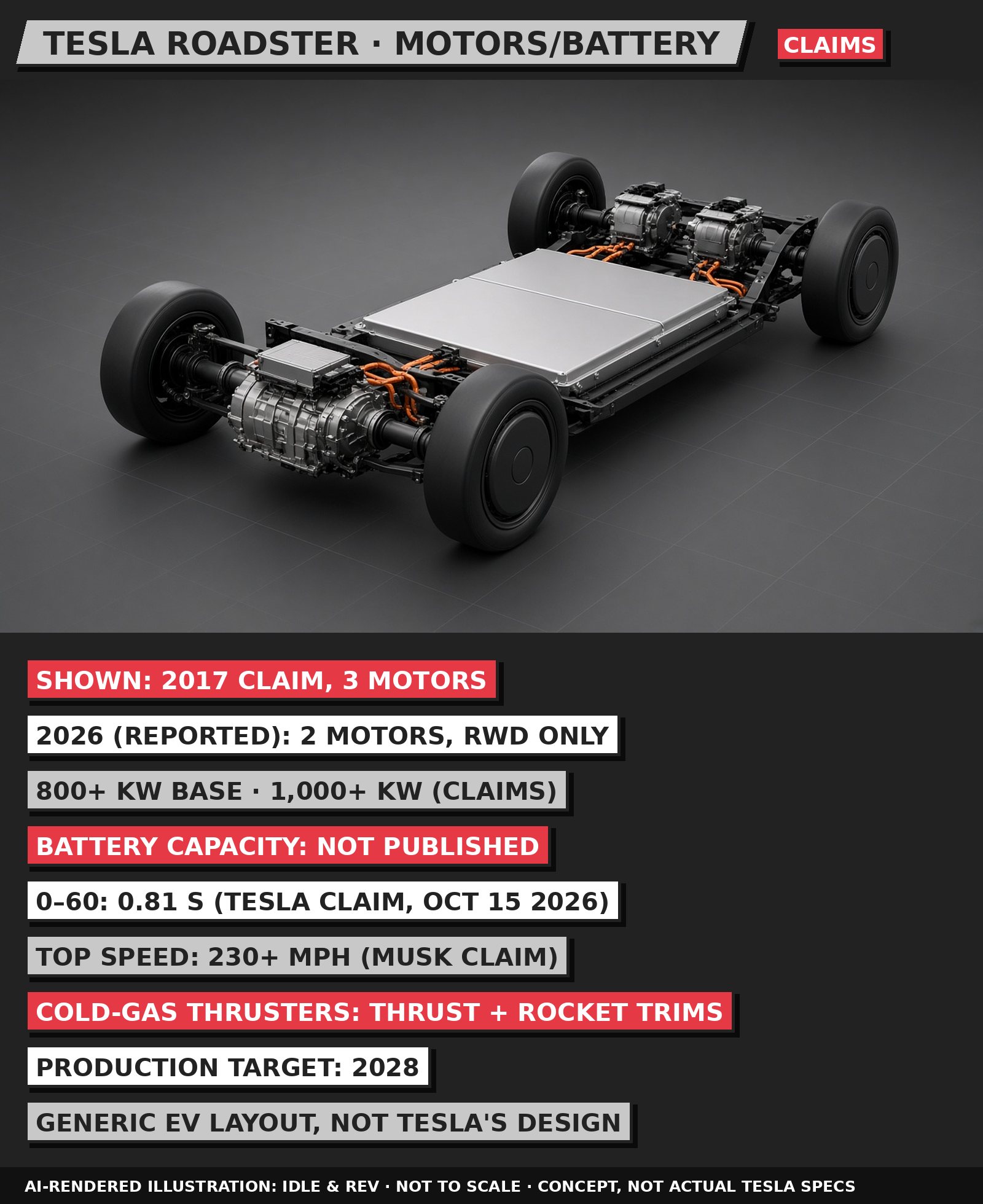 AI-rendered 3D illustration of Tesla Roadster powertrain concept, labelled