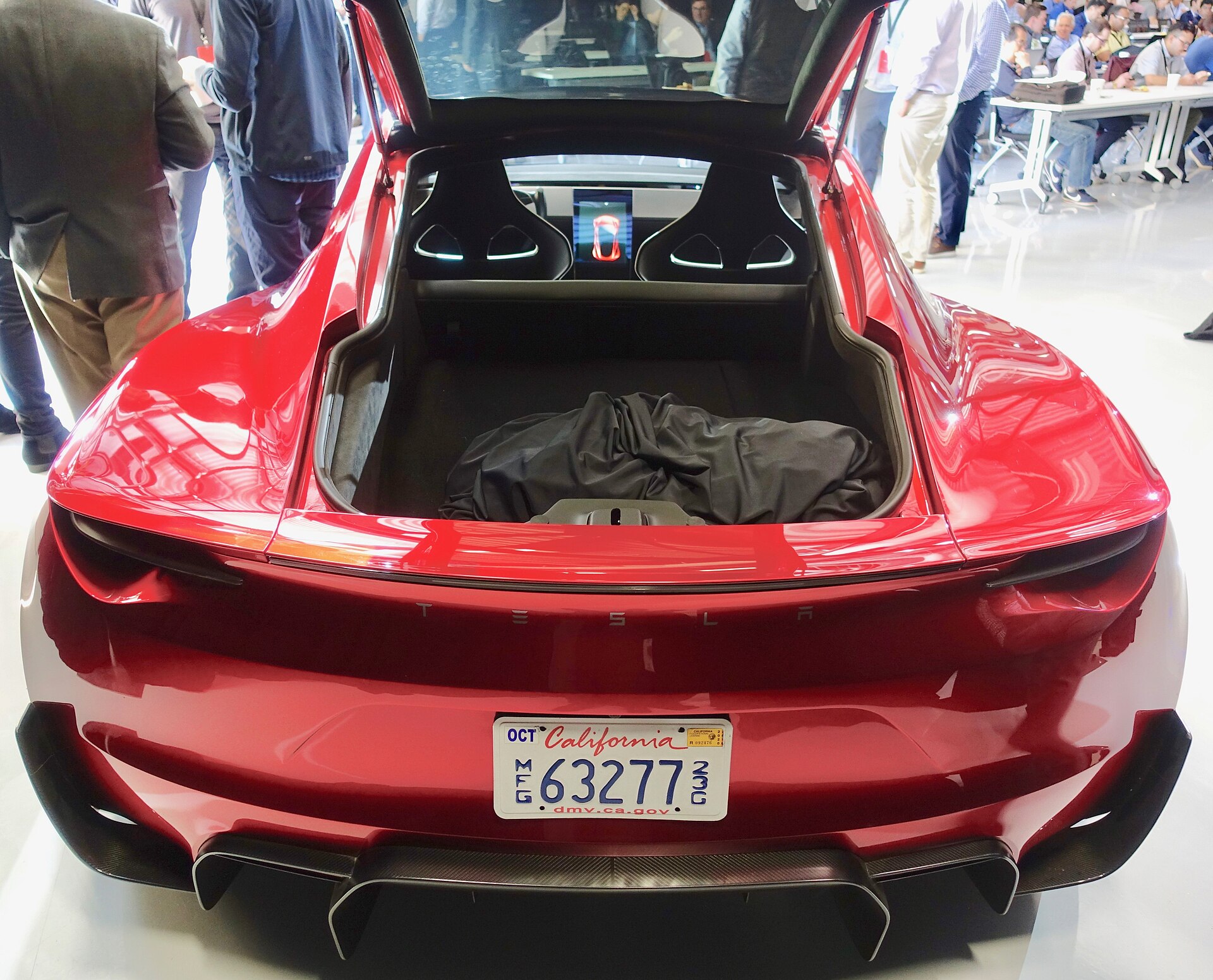 Rear of the 2017-design Roadster 2.0 prototype, Tesla HQ, April 2019 — not the 2026 reveal car